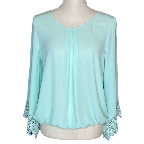 A.Byer Robin Blue Top with Bell Sleeves and Elastic Waist Size Medium - Picture 1 of 5